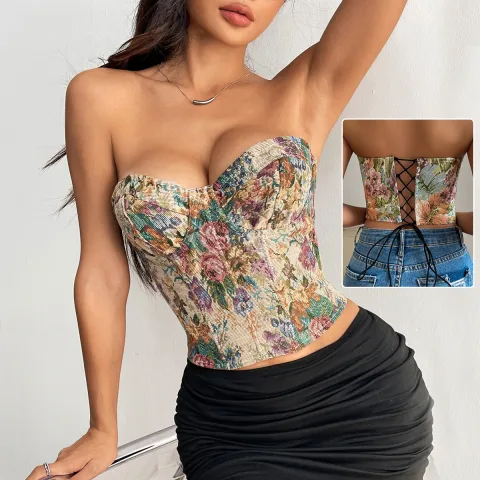 Y2K Floral Print Tube Vest Top with Back-tied Design