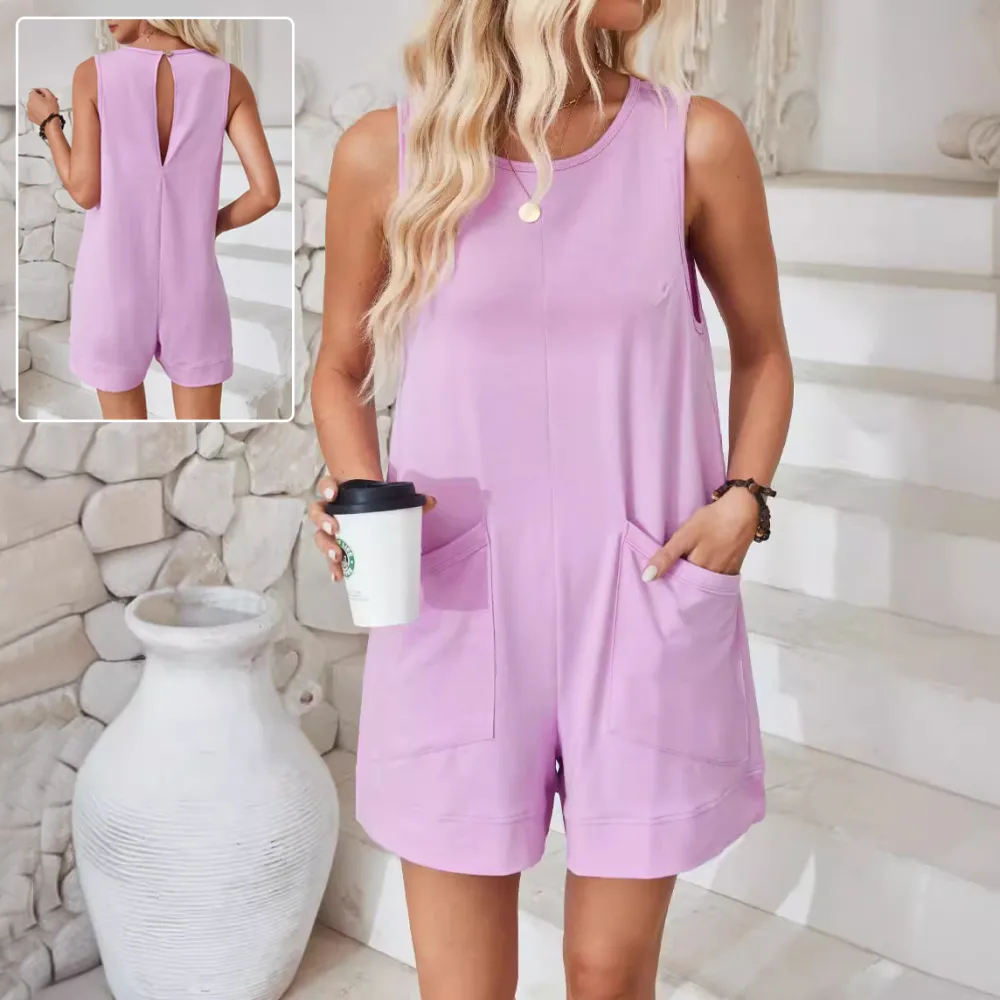Women Sleeveless Shorts Jumpsuit with Pockets Fashion Beach Pants