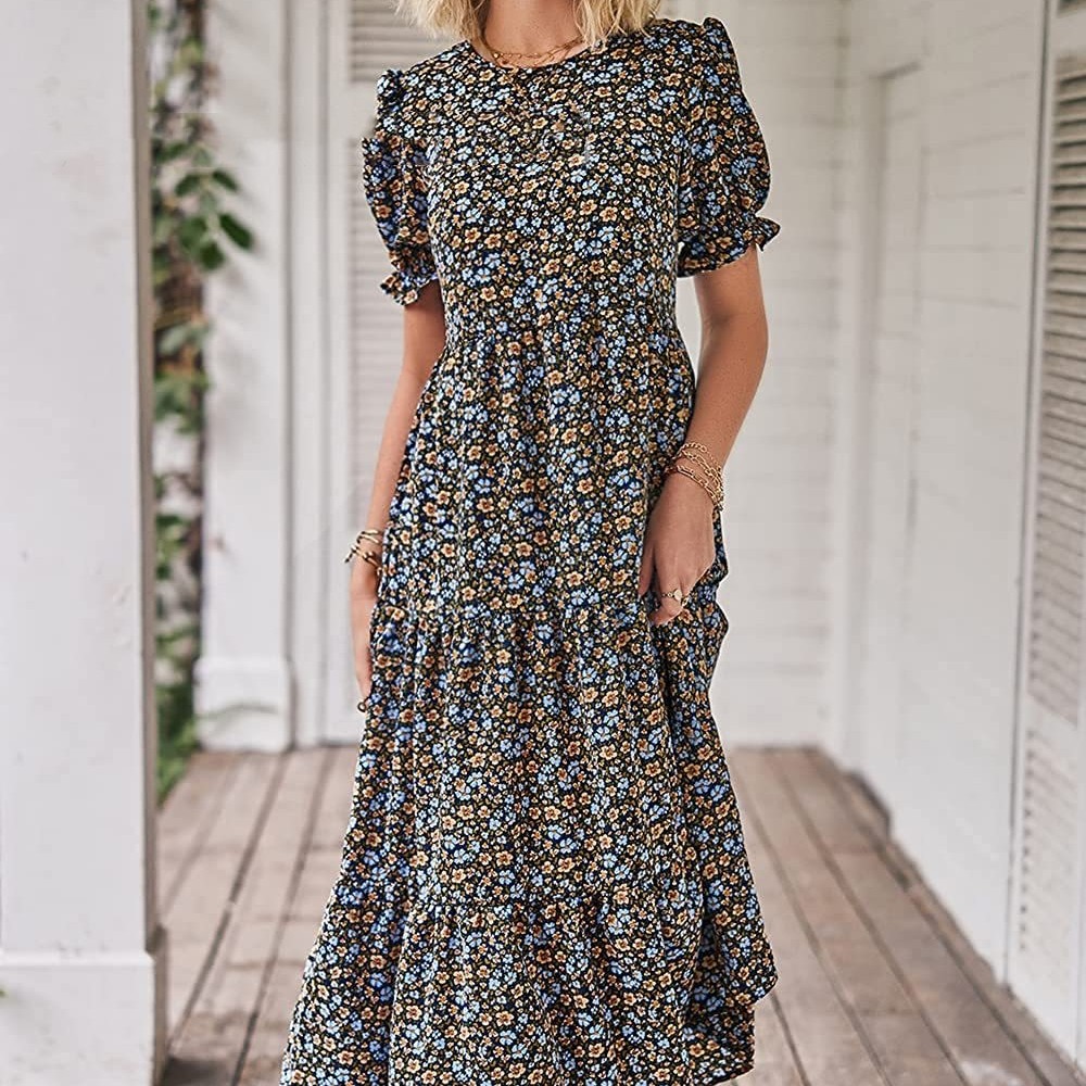 Mid-length Casual Round Neck Printed Pleated Dress