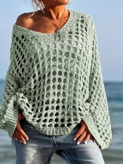 Loose Leisure All-matching Hollow Long Sleeve Plus Size Women's Knitted Sweater - Green - View 1