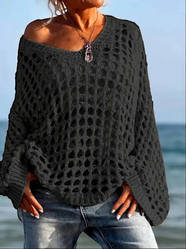Loose Leisure All matching Hollow Long Sleeve Plus Size Women's Knitted Sweater Black - Shop at LoveMi
