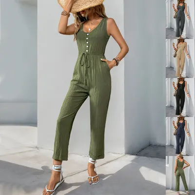 V-neck Sleeveless Jumpsuit With Belt And Pockets Summer Fashion Beach Pants Women's Clothing