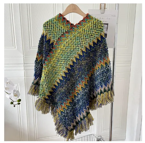 Ethnic Style Cape Shawl Knitted Pullover Mohair Fringed Scarf Jacket Women - Snowflake Rainbow Yellow Blue