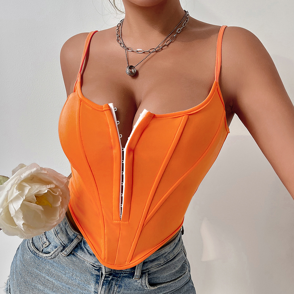 INS Single breasted Sling Crop Corset Tank Summer Fashion Slim Camisole Vest For Women Clothing Orange - Shop at LoveMi