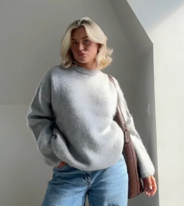 Burgundy Long Sleeve Mohair Crew Neck Pullover Sweater Casual Grey - Shop at LoveMi