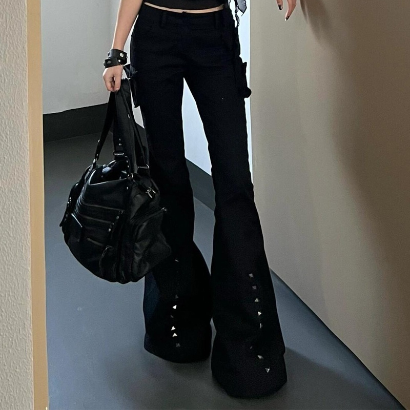 Retro Decorative Rivets Straight Slightly Flared Casual Pants