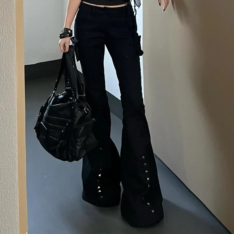 Retro Decorative Rivets Straight Slightly Flared Casual Pants - Jeans