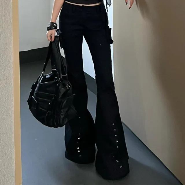 Retro Decorative Rivets Straight Slightly Flared Casual Pants Jeans - Shop at LoveMi