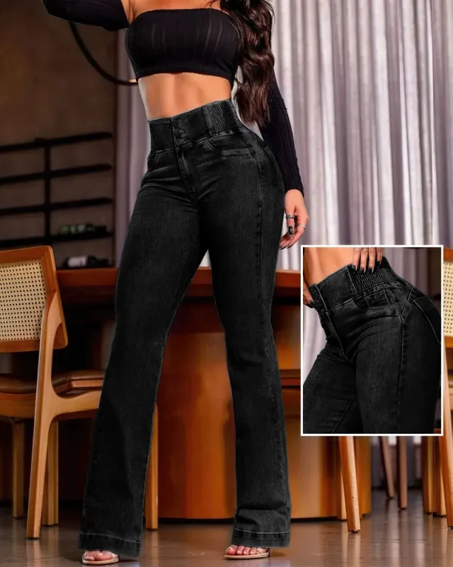 Sexy Elegant New Fashion Casual Female Trouser Bottom Back Shirred Button Front High Waist Jeans Black - Shop at LoveMi
