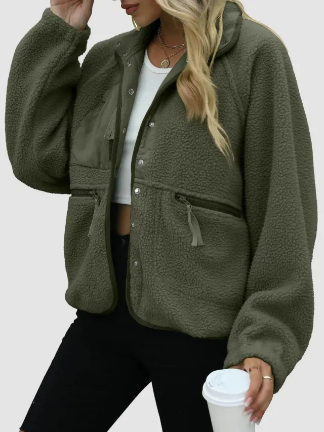 Short Cardigan Plush Jacket Lamb Wool Coat Army Green2 - Shop at LoveMi