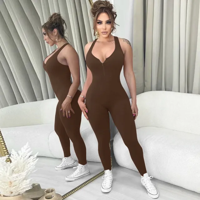 Women's Pure Color Halter Suspender Jumpsuit Brown - Shop at LoveMi
