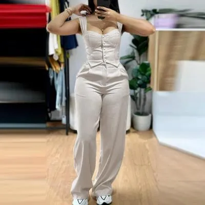 Apricot Sling Short Tight Vest Suit High Waist Wide Leg Trousers Apricot - Shop at LoveMi
