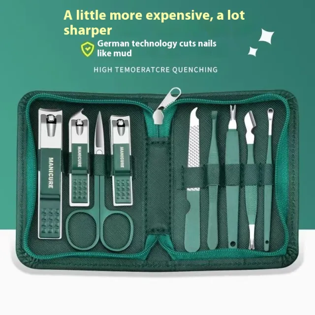 Household Stylish And Portable Nail Clippers Suit Dark Green 9 Piece Set - Shop at LoveMi