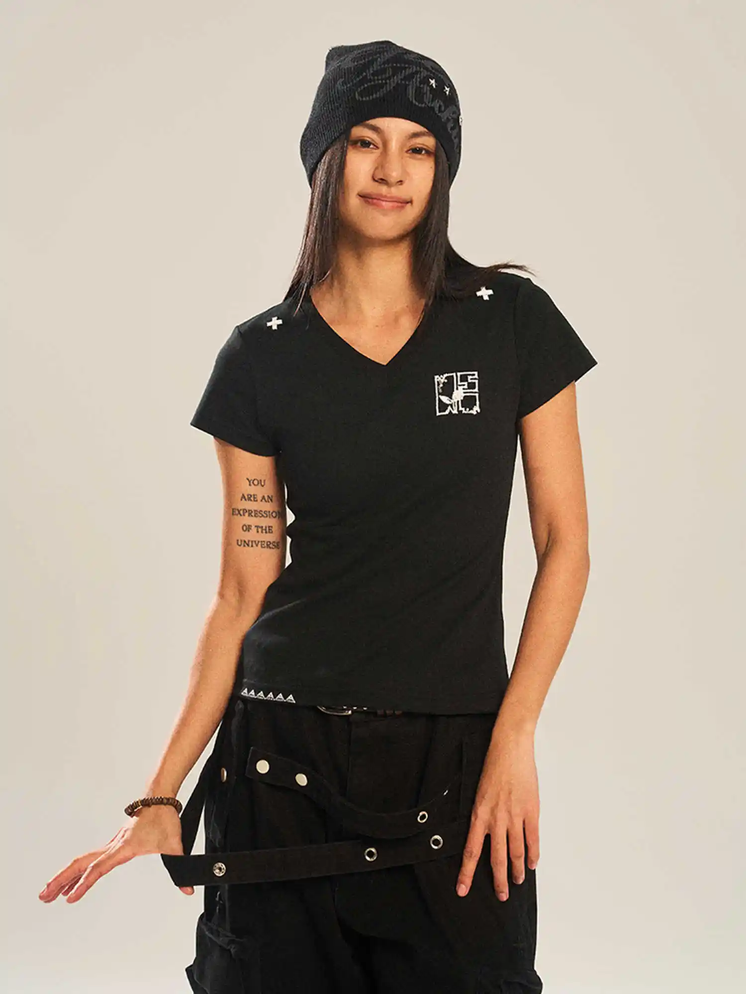 New Summer Sequin Lines All-match V-neck Slim-fit Short-sleeved