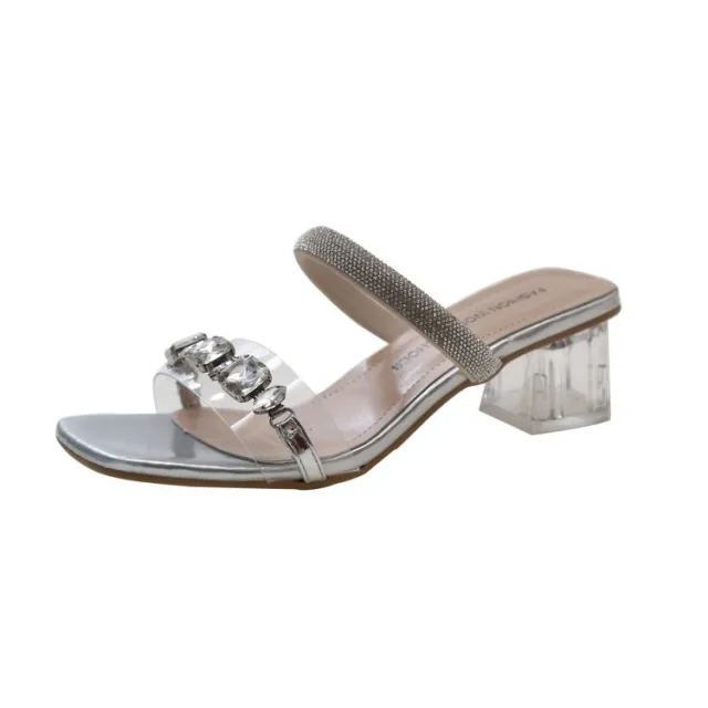 Plus Size Sandals And Slippers Women's Rhinestone Fashion Chunky Heel Shoes Silver - Shop at LoveMi