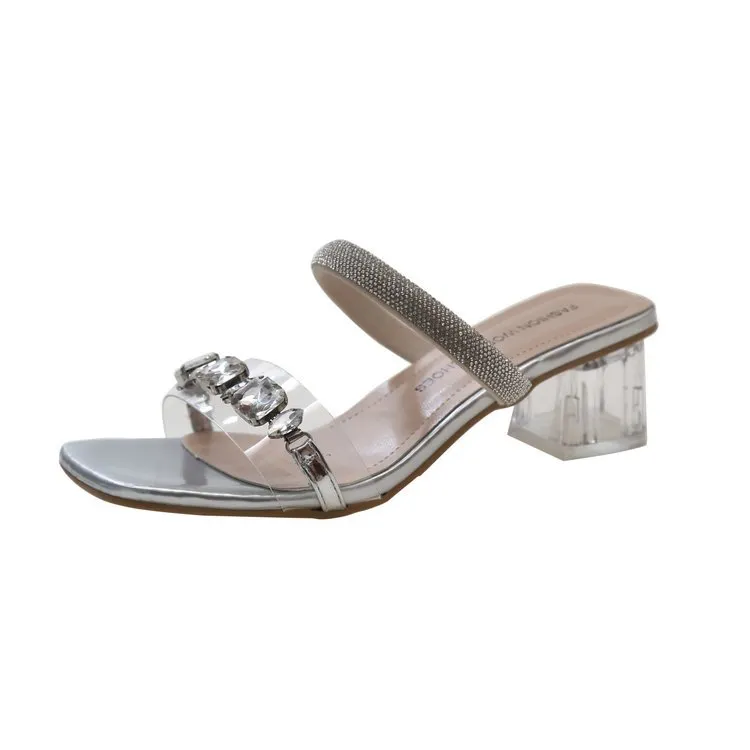 Plus Size Sandals And Slippers Women's Rhinestone Fashion Chunky Heel Shoes - Silver