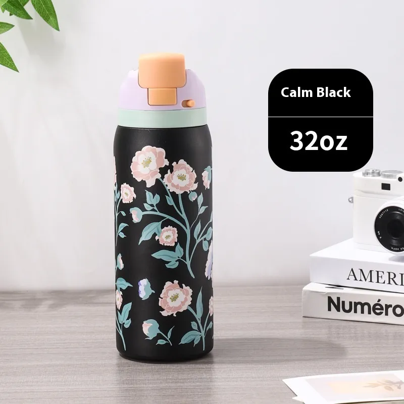 Stainless Steel Vacuum Cup Portable Bullet Cup - Peony 32Oz