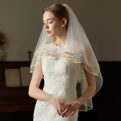 Double Champagne Edge Metal Hair Comb Bride Wedding License Trip Shoot Veil - Beige - View 1