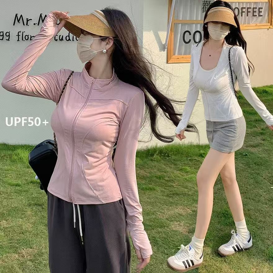 春秋休闲辣妹穿搭运动服弹力外套四色薄款防晒衣长袖防风紧身冰丝