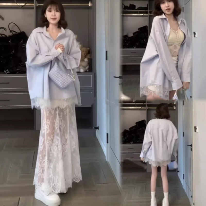 Blue Shirt Stitching Lace Skirt Two-piece Set
