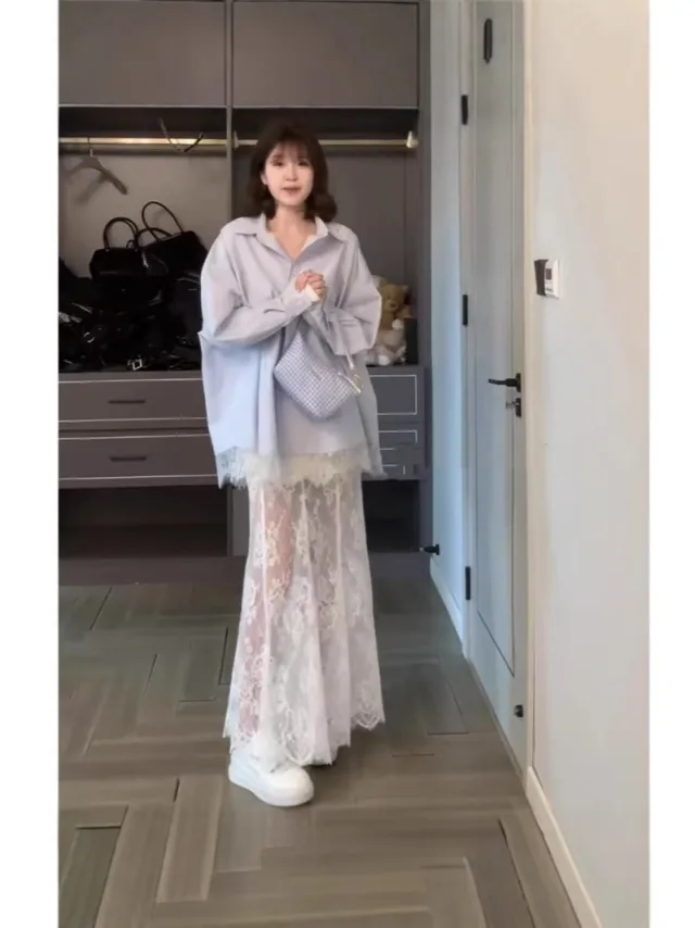 Blue Shirt Stitching Lace Skirt Two piece Set Blue Shirt White Skirt - Shop at LoveMi