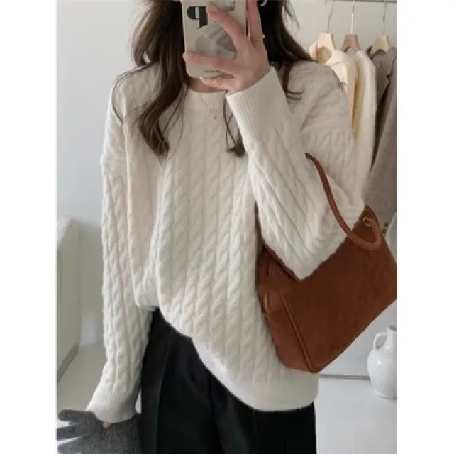Round Neck Pullover Cable knit Sweater Women White - Shop at LoveMi