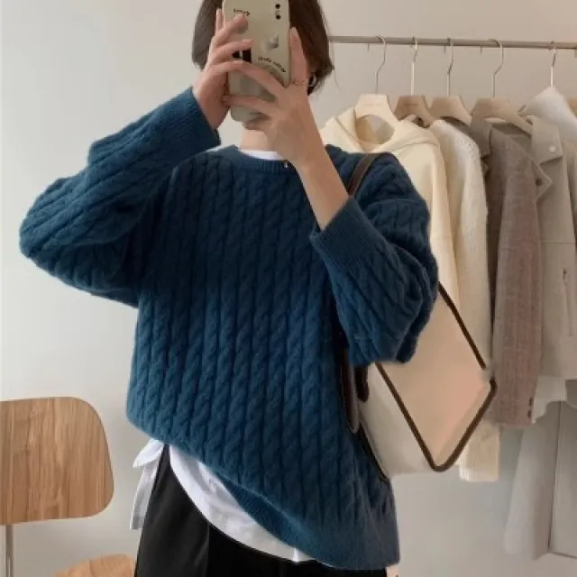 Round Neck Pullover Cable knit Sweater Women Navy - Shop at LoveMi