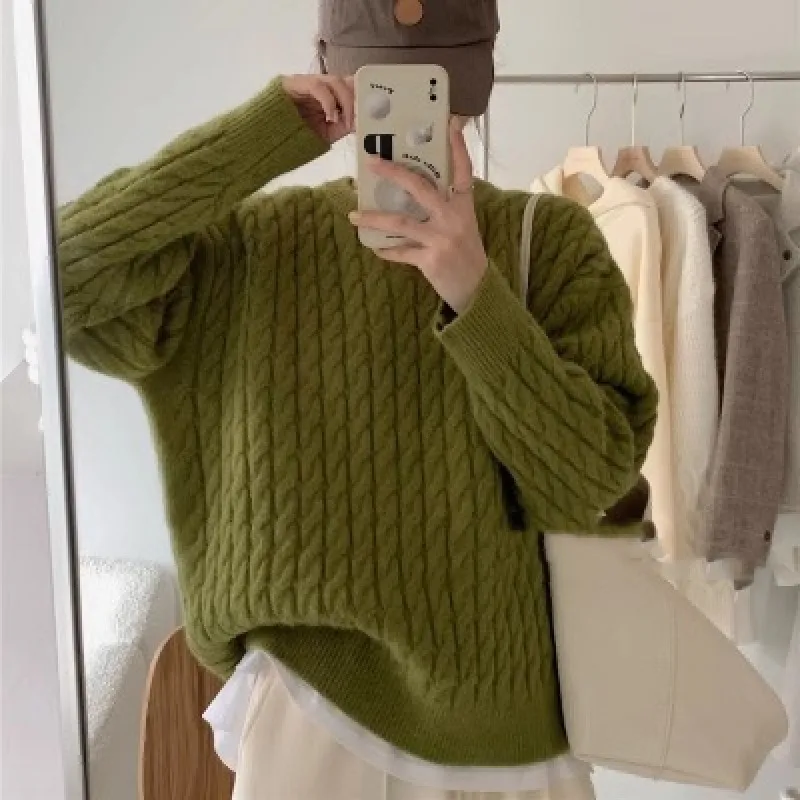 Round Neck Pullover Cable-knit Sweater Women - Army Green