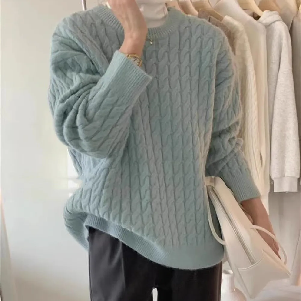Round Neck Pullover Cable-knit Sweater Women - Light Blue