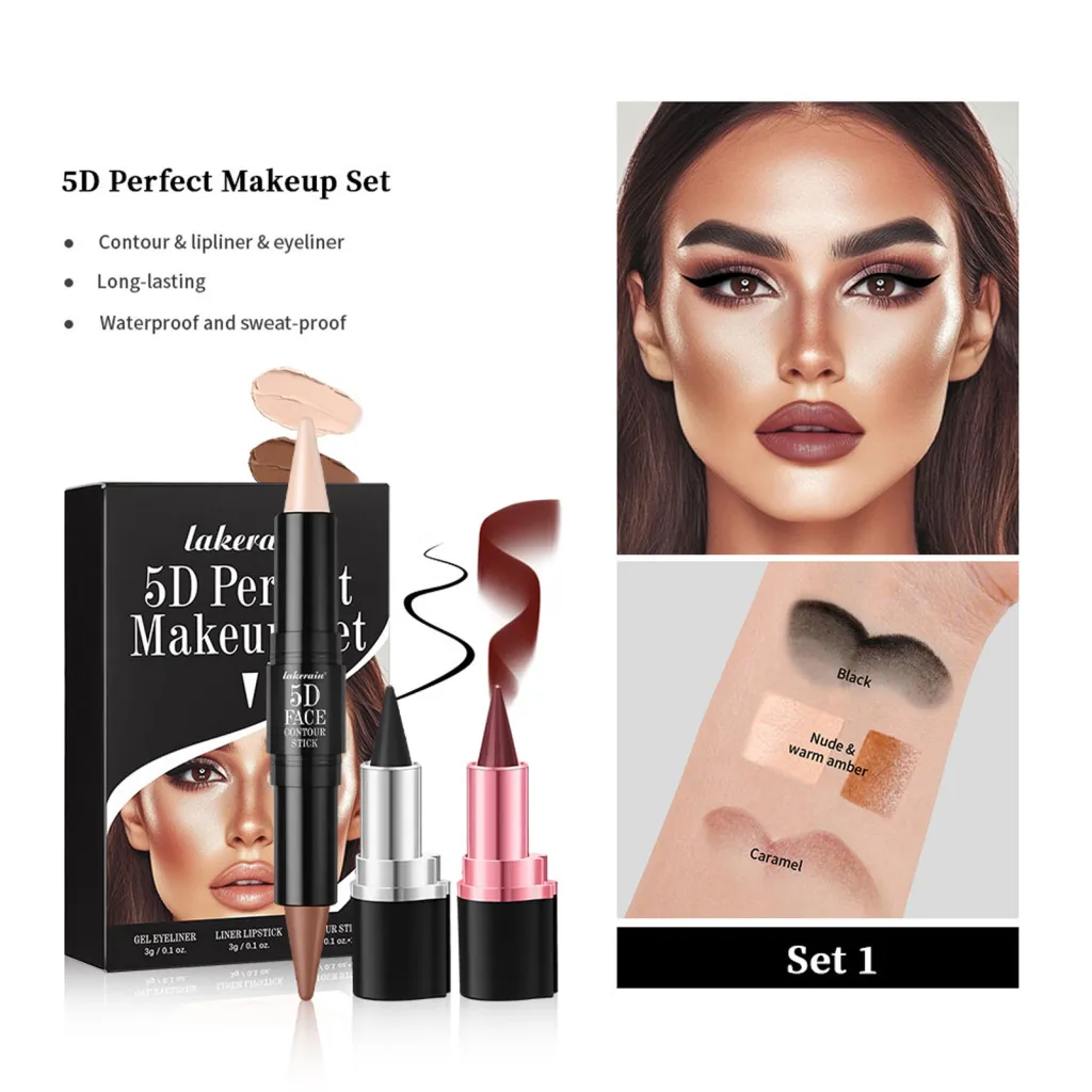Lipstick Lip Liner Eyeliner Highlight Contour Stick Suit 5D Face Makeup Set Suit - 3G