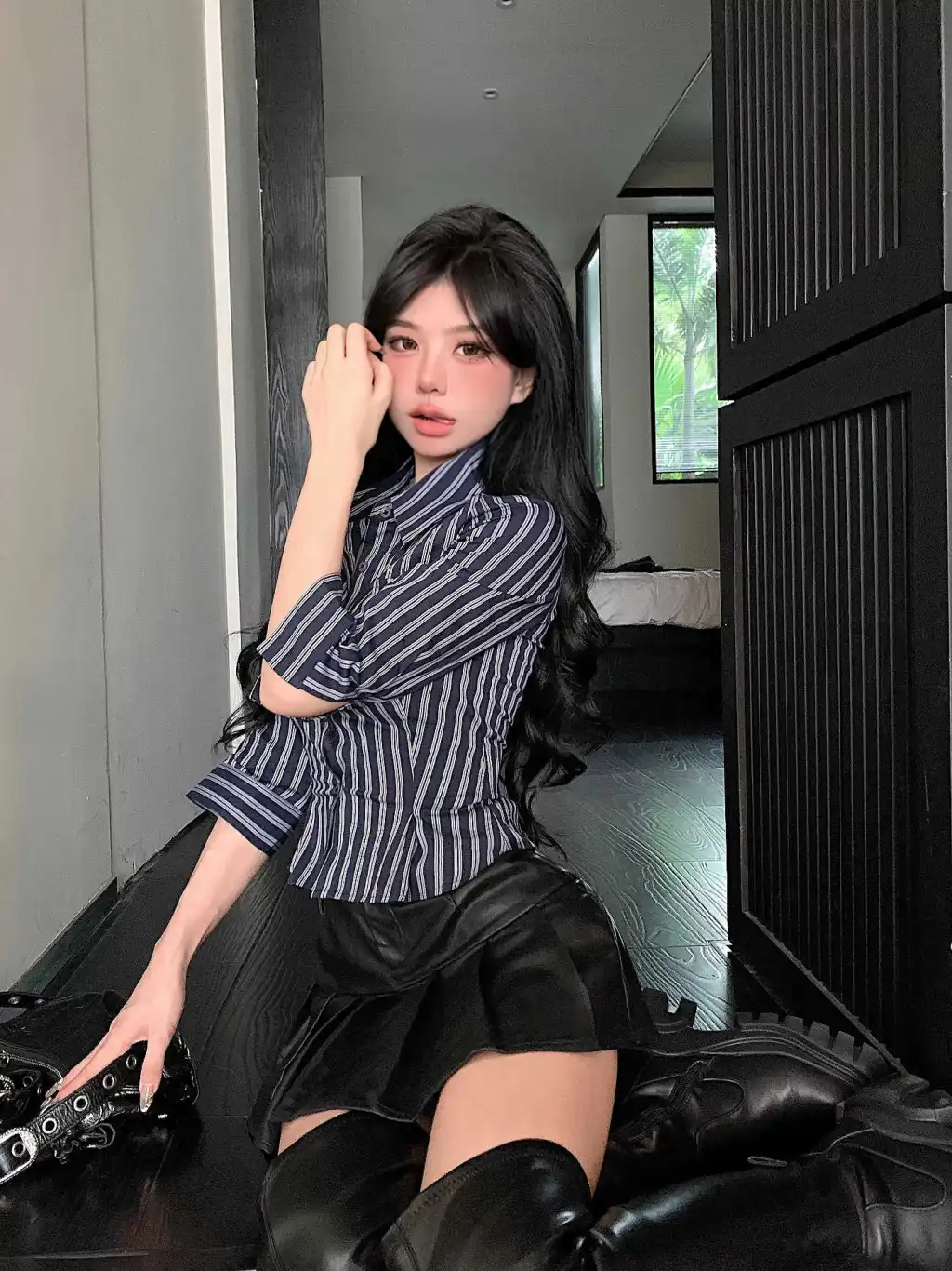 Striped Long Sleeve Polo Collar Shirt Women Slim Fit Cinched Blouse - Blue