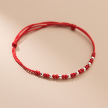 S925 Silver Simple Interval 8 Pieces Light Bead Red Rope Hand-woven