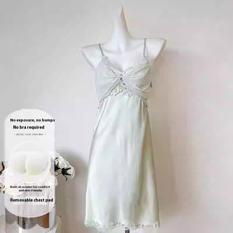Nightgown Women's Strap Nightdress Satin Lace Back Shaping Padded
