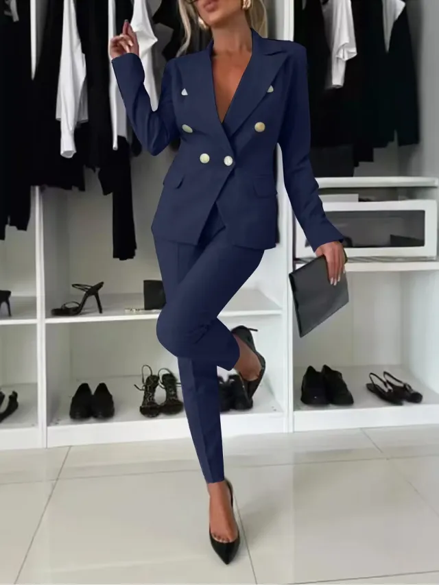 New All matching Casual Suit Lapel Button down Jacket And Slim fit Trousers For Women's Office Business Set Clothing Navy - Shop at LoveMi