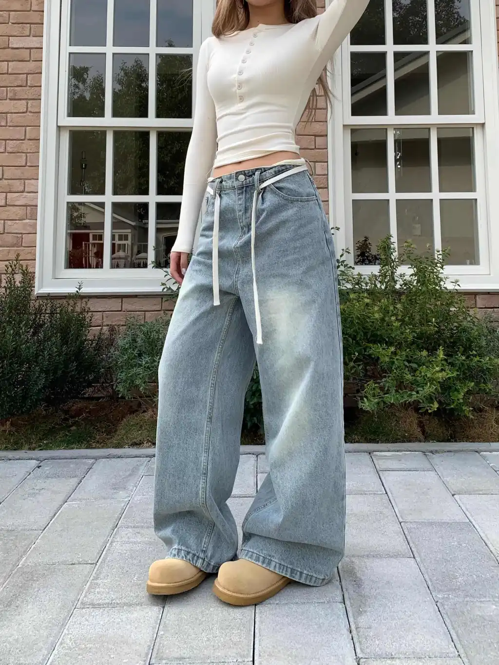 Vintage Jeans Straight White Washed Distressed Casual Pants - White