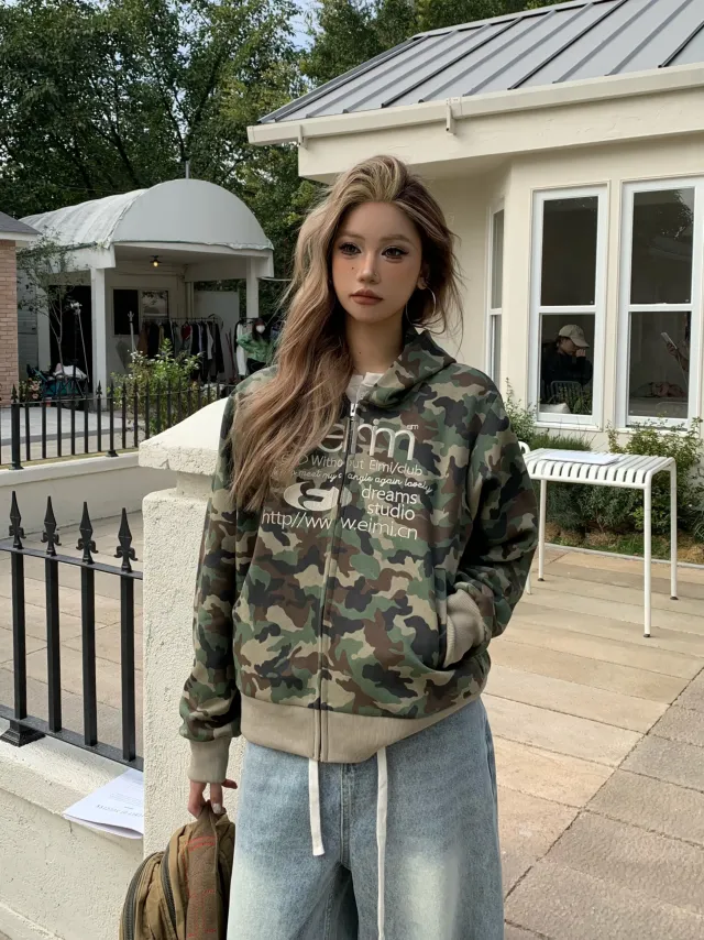 Women's Cardigan Retro Alphabet Camouflage Hooded Short Sweater Jacket Camouflage - Shop at LoveMi