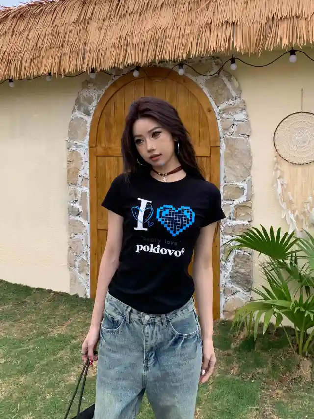 Shoulder T shirt Female With Hearts Printed Short Sleeve Slim Top Black - Shop at LoveMi