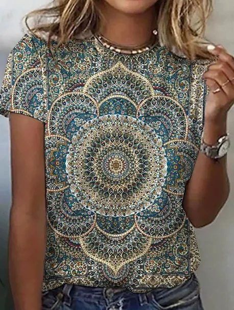 Round Neck Digital Print Short Sleeve Loose Women's T Shirt 3E5Zlxu L - Shop at LoveMi