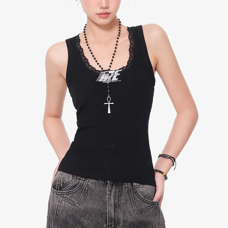 Black Lace I-shaped Camisole Women's Slim U Collar Top - Black