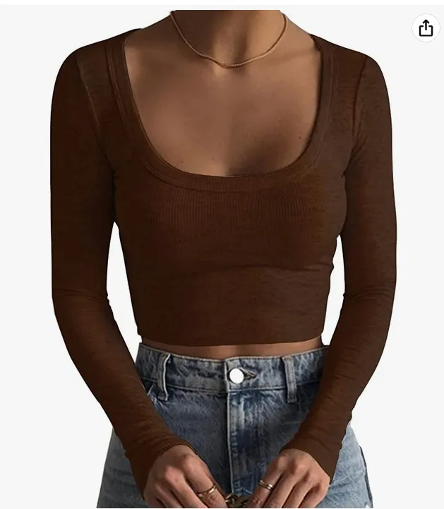 Round Neck Long Sleeve Cotton Ultra Short Slim Fit Slimming T-shirt - Brown