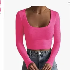 Round Neck Long Sleeve Cotton Ultra Short Slim Fit Slimming T-shirt - Rose - View 1