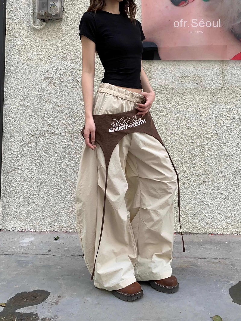 Contrast Color Lace-up Profile Matchet Pants Loose Wide-leg Pants
