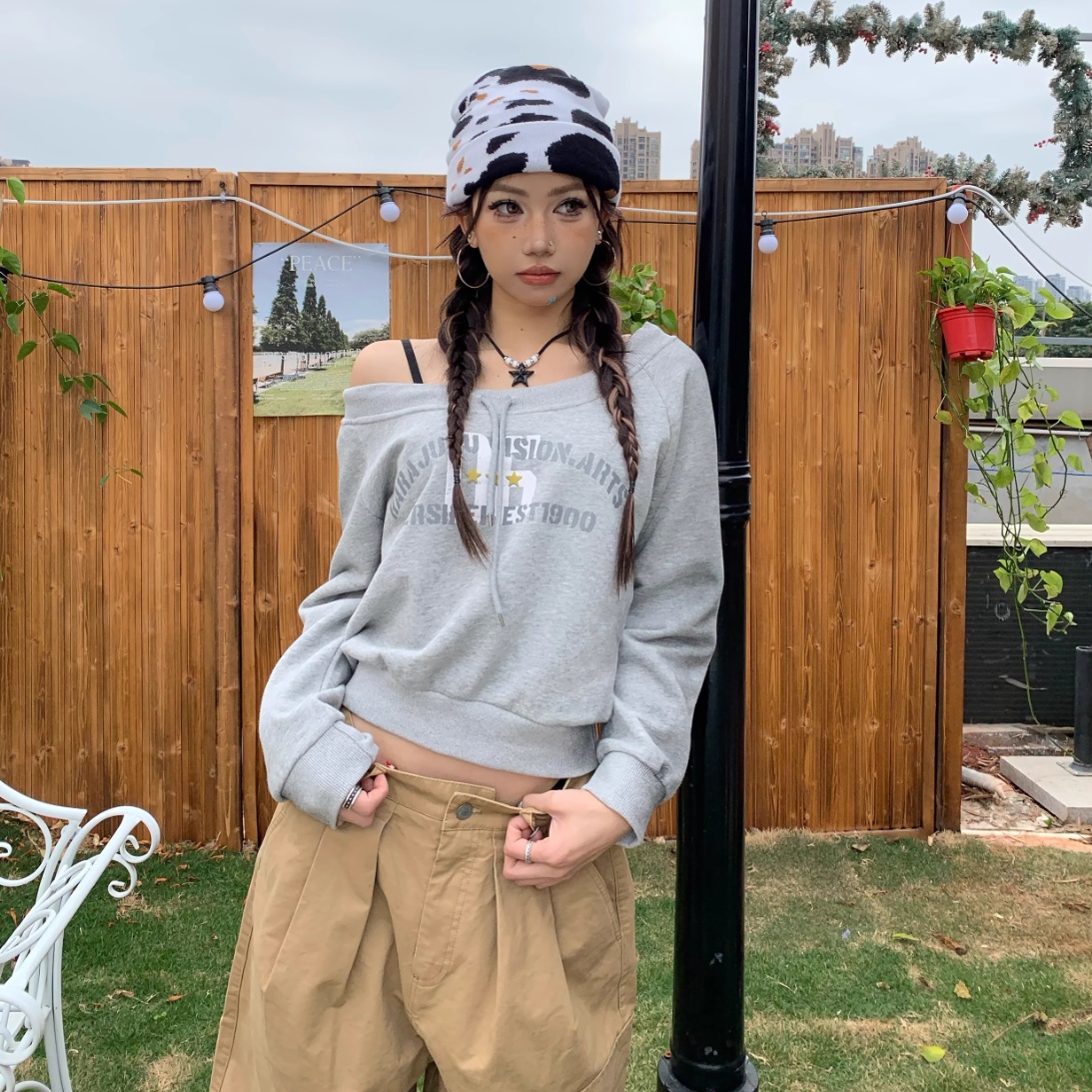 Retro Shoulder Drawstring Letter Printed Crew Neck Sweatshirt Women's Top