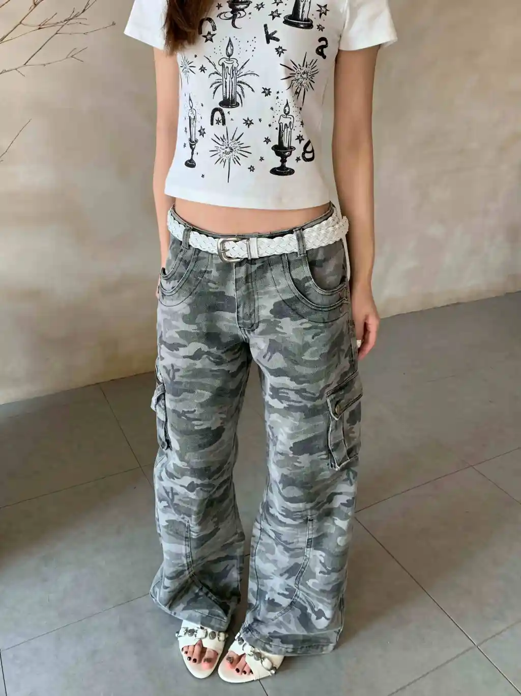 Camouflage Zipper Three-dimensional Pocket Denim Overalls - Gray