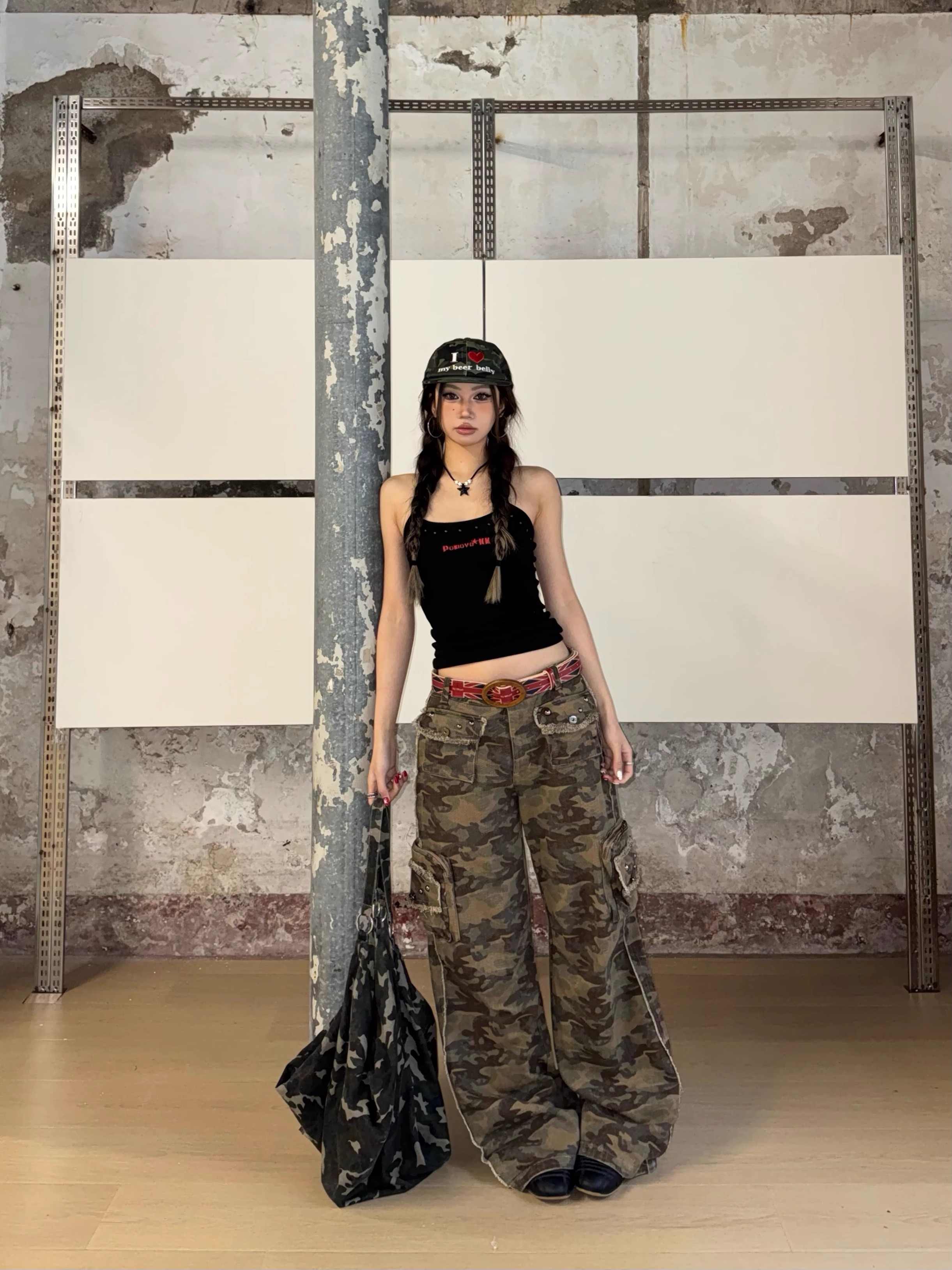Women's Loose Straight Drooping Vintage Tassel Camouflage Workwear Jeans