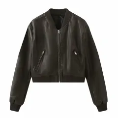 Classic Style Stand Collar Polished Leather Locomotive Distressed Leather Coat - Brown - View 1