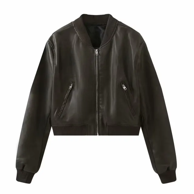 Classic Style Stand Collar Polished Leather Locomotive Distressed Leather Coat Brown - Shop at LoveMi