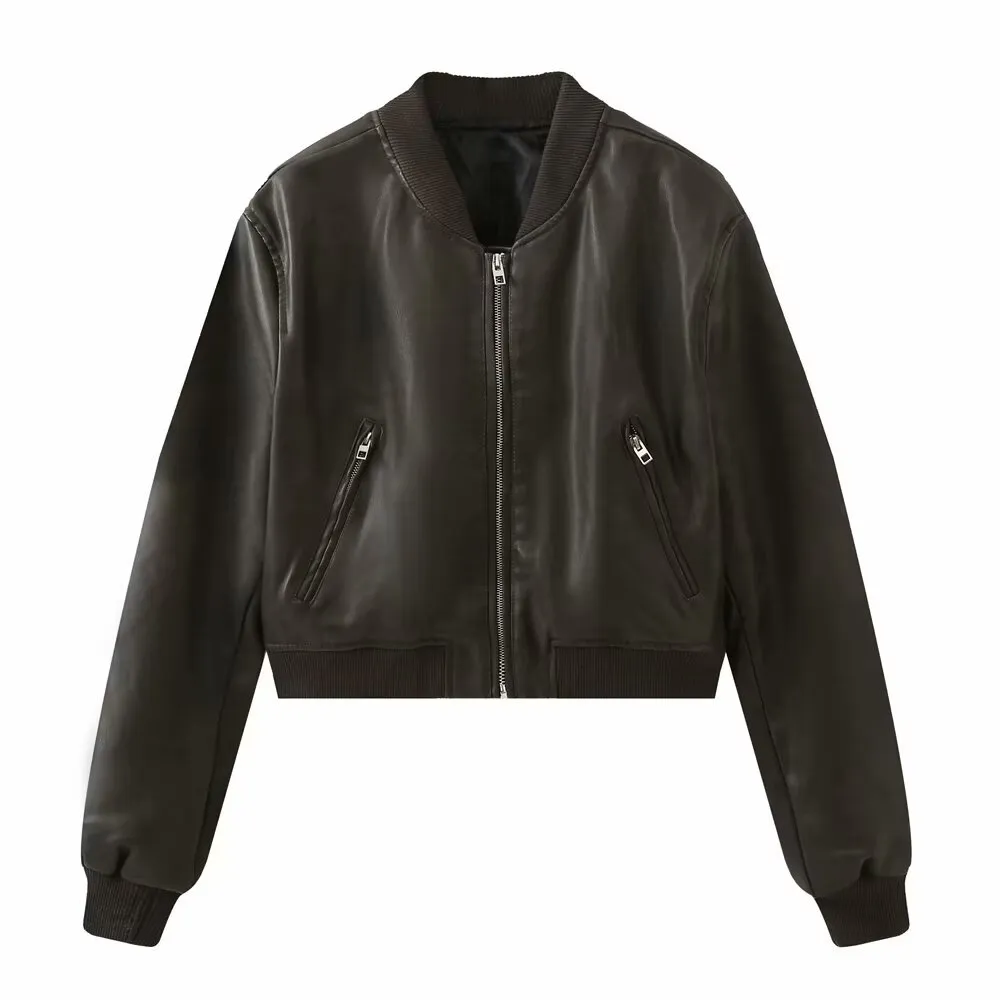 Classic Style Stand Collar Polished Leather Locomotive Distressed Leather Coat - Brown
