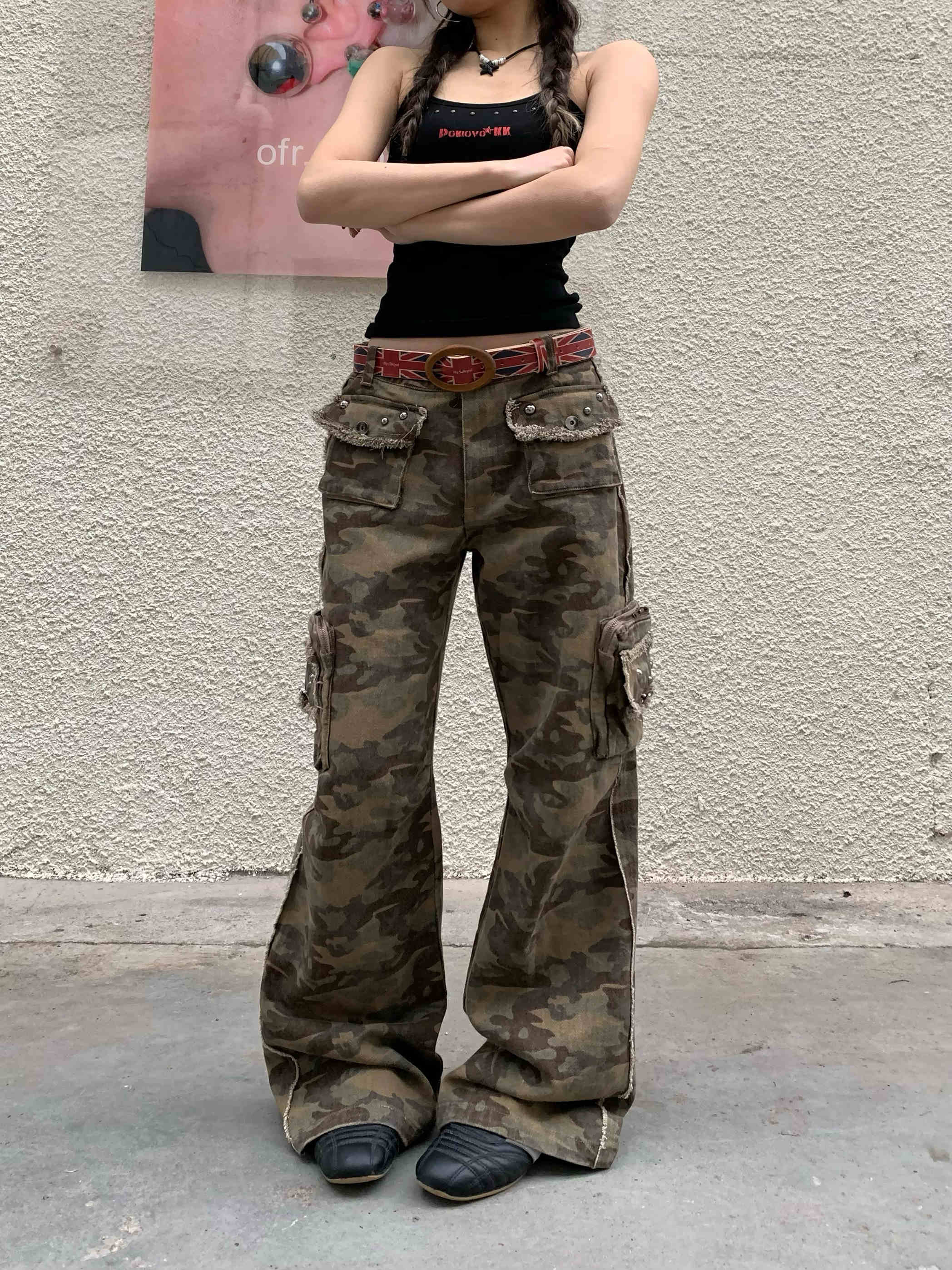 Women's Loose Straight Drooping Vintage Tassel Camouflage Workwear Jeans Coffee - Shop at LoveMi