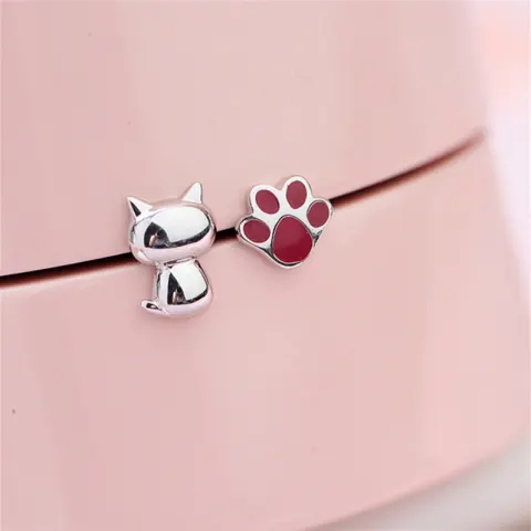 Sterling Silver Stud Earrings Cat Cat Claw Asymmetrical Female
